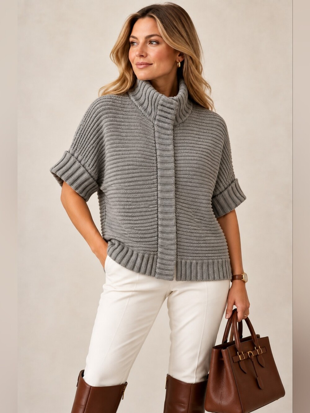 BANANA REPUBLIC GRAY WOOL BLEND CHUNKY KNIT SHORT SLEEVE CARDIGAN SWEATER SIZE M